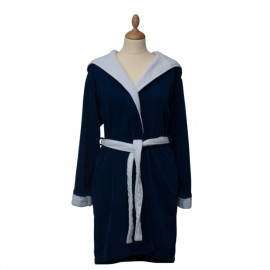 Peignoir capuche velours éponge Bleu marine/blanc